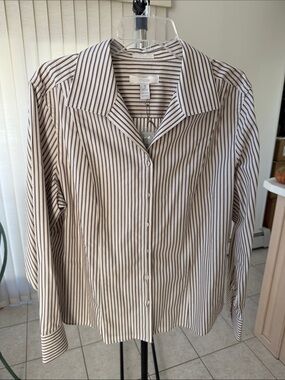 Chico's Striped Button-Down Shirt in Beige and White